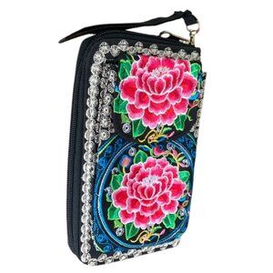 Mexican Embroidered Lotus Flower Wallet/Phone Case Wristlet (New)